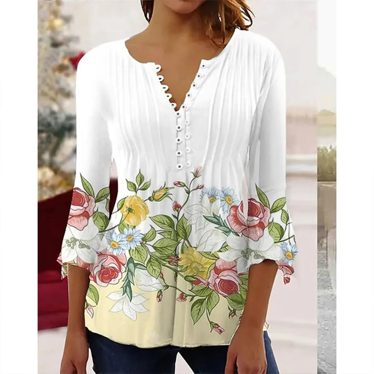 New Fashion Women's T-Shirt Tee White Floral Button Short Sleeve Summer 3D Printed Basic V-Neck Loose Casua Size Top Clothing