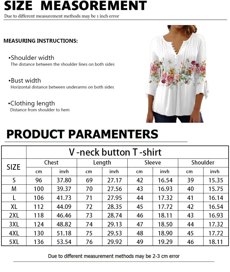 New Fashion Women's T-Shirt Tee White Floral Button Short Sleeve Summer 3D Printed Basic V-Neck Loose Casua Size Top Clothing