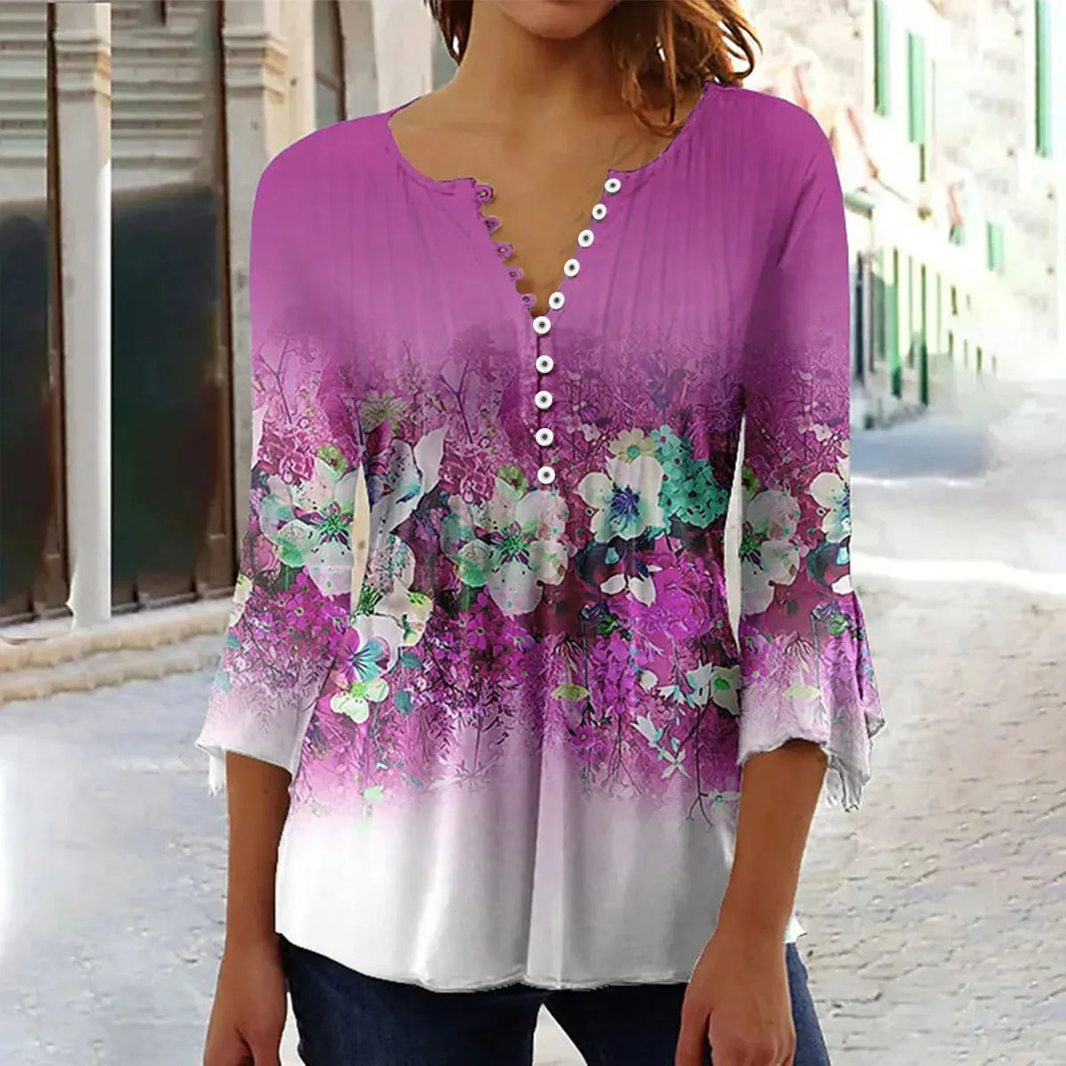 New Fashion Women's T-Shirt Tee White Floral Button Short Sleeve Summer 3D Printed Basic V-Neck Loose Casua Size Top Clothing