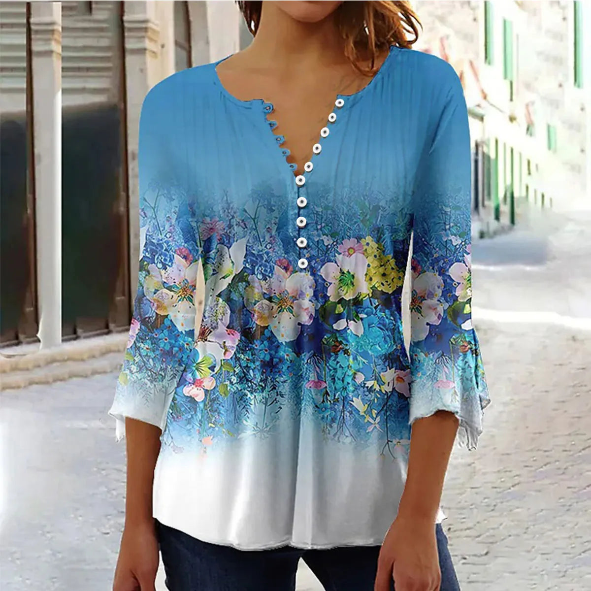 New Fashion Women's T-Shirt Tee White Floral Button Short Sleeve Summer 3D Printed Basic V-Neck Loose Casua Size Top Clothing