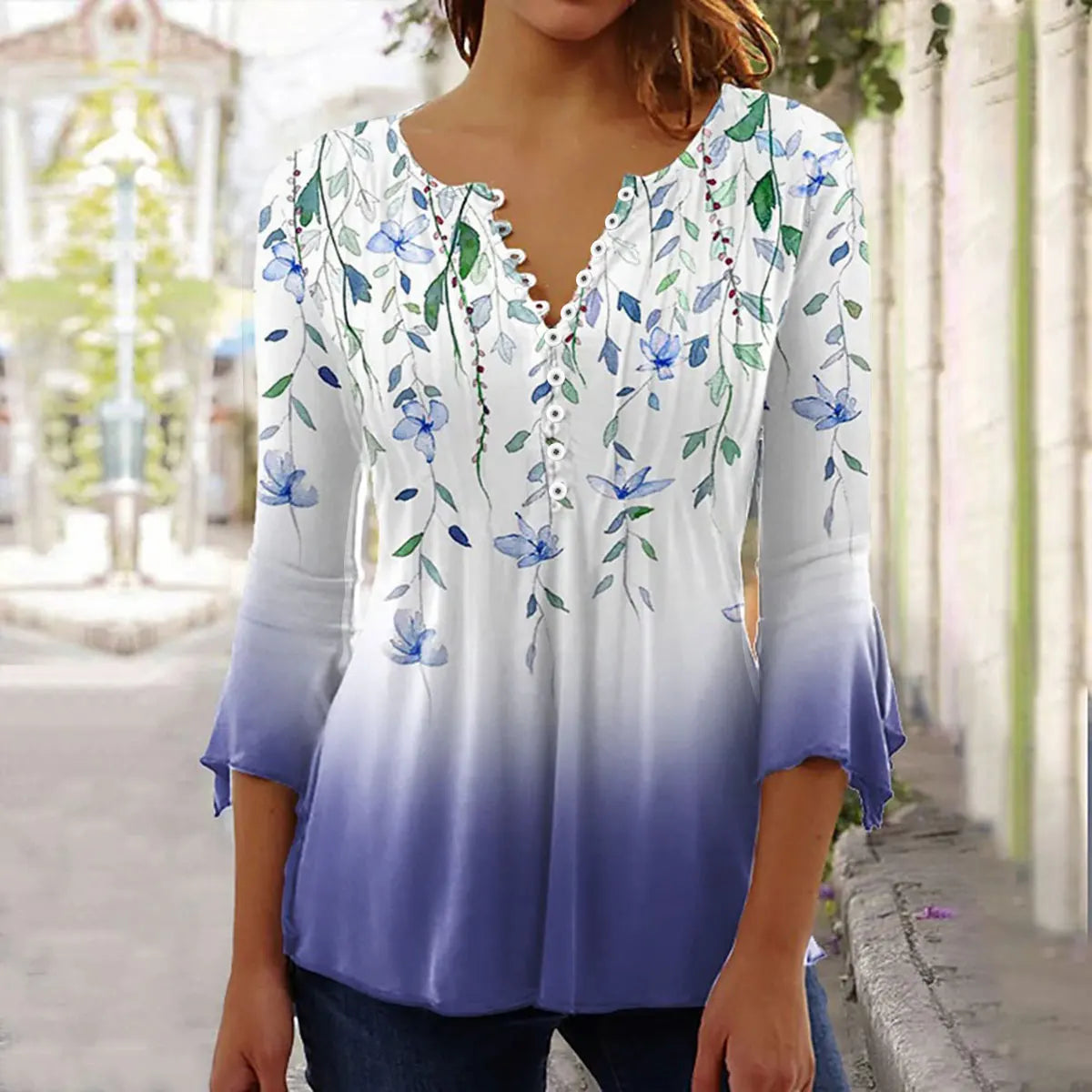 New Fashion Women's T-Shirt Tee White Floral Button Short Sleeve Summer 3D Printed Basic V-Neck Loose Casua Size Top Clothing