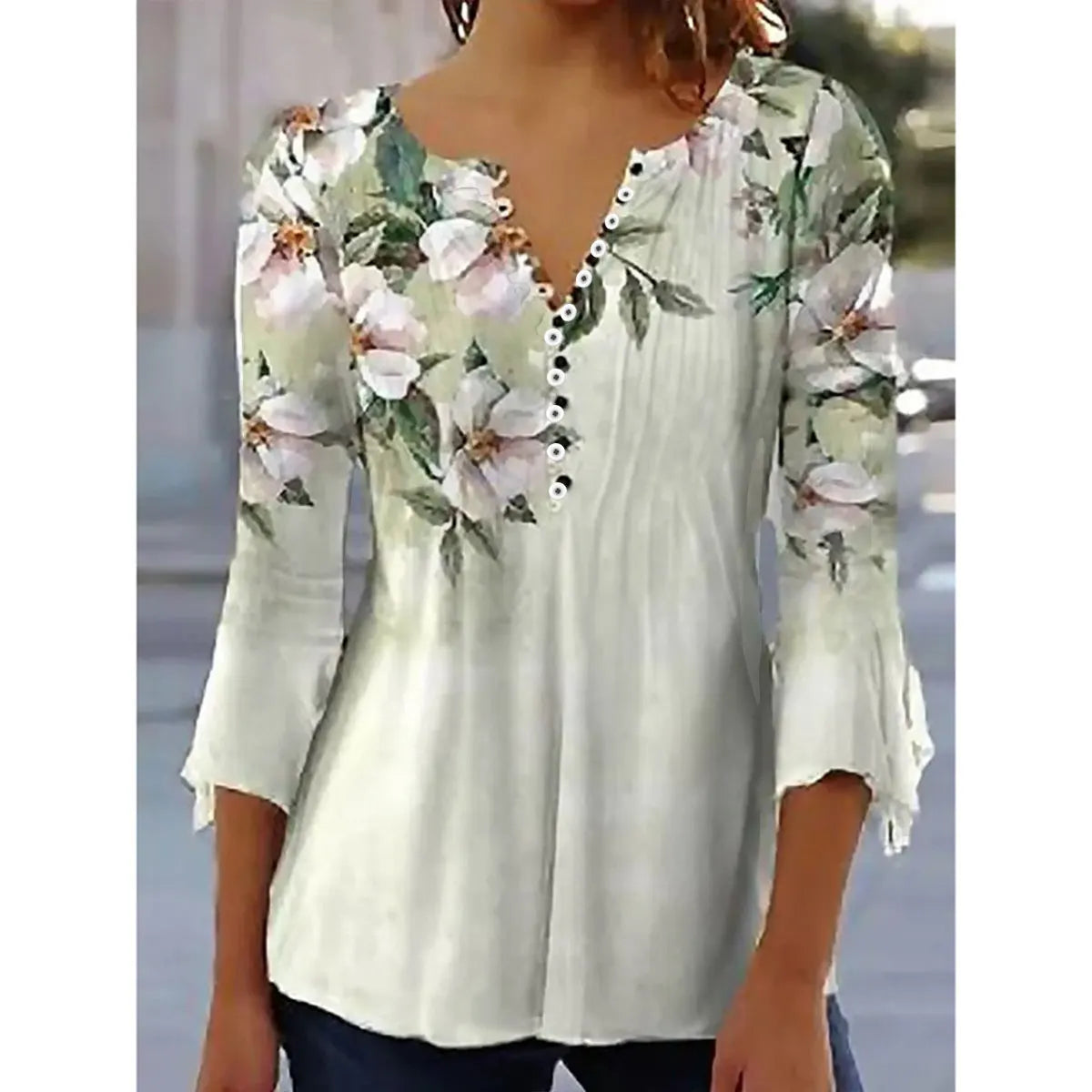 New Fashion Women's T-Shirt Tee White Floral Button Short Sleeve Summer 3D Printed Basic V-Neck Loose Casua Size Top Clothing