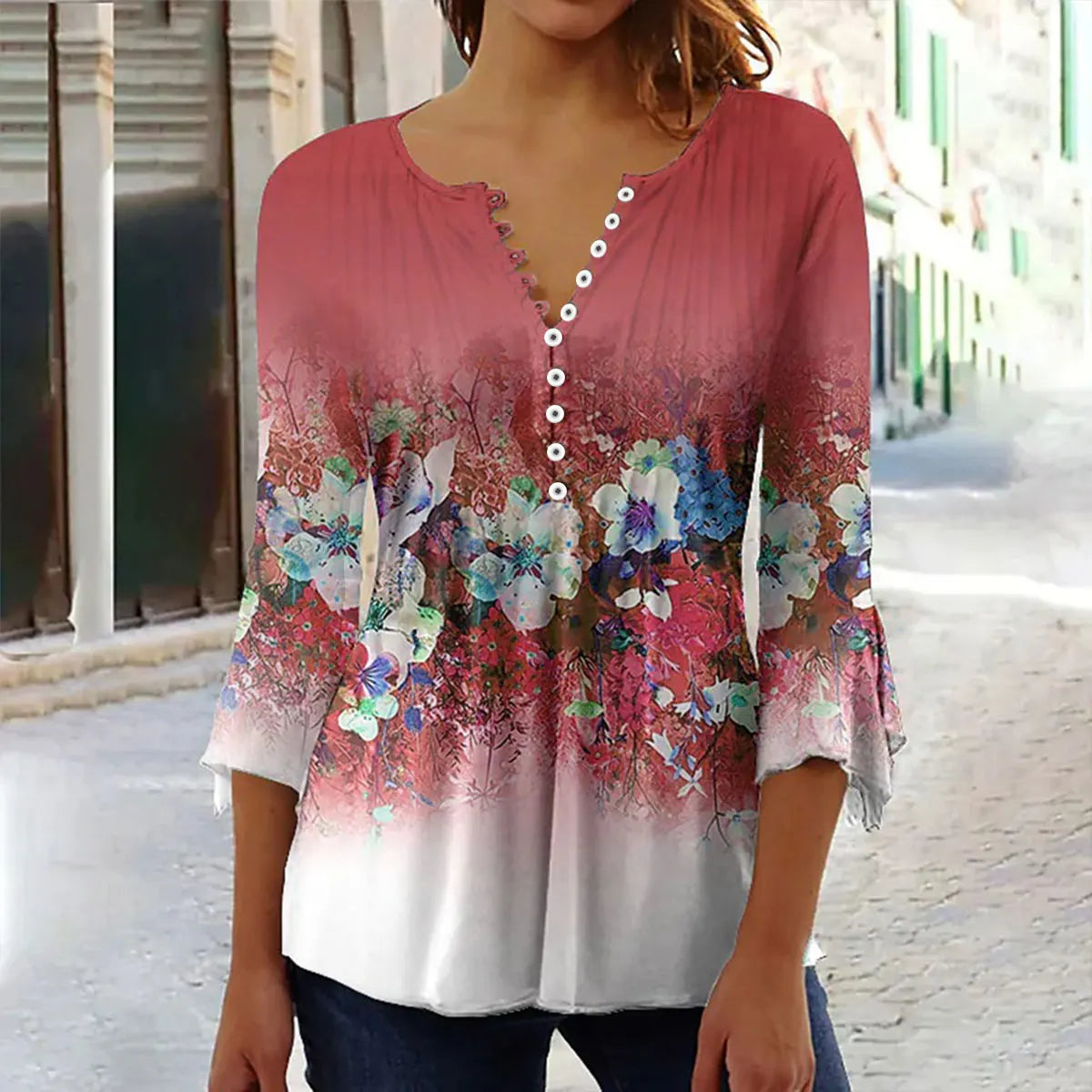 New Fashion Women's T-Shirt Tee White Floral Button Short Sleeve Summer 3D Printed Basic V-Neck Loose Casua Size Top Clothing