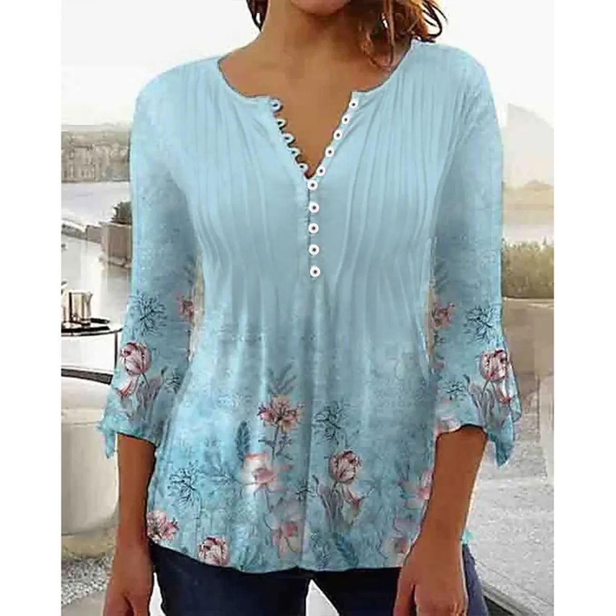 New Fashion Women's T-Shirt Tee White Floral Button Short Sleeve Summer 3D Printed Basic V-Neck Loose Casua Size Top Clothing