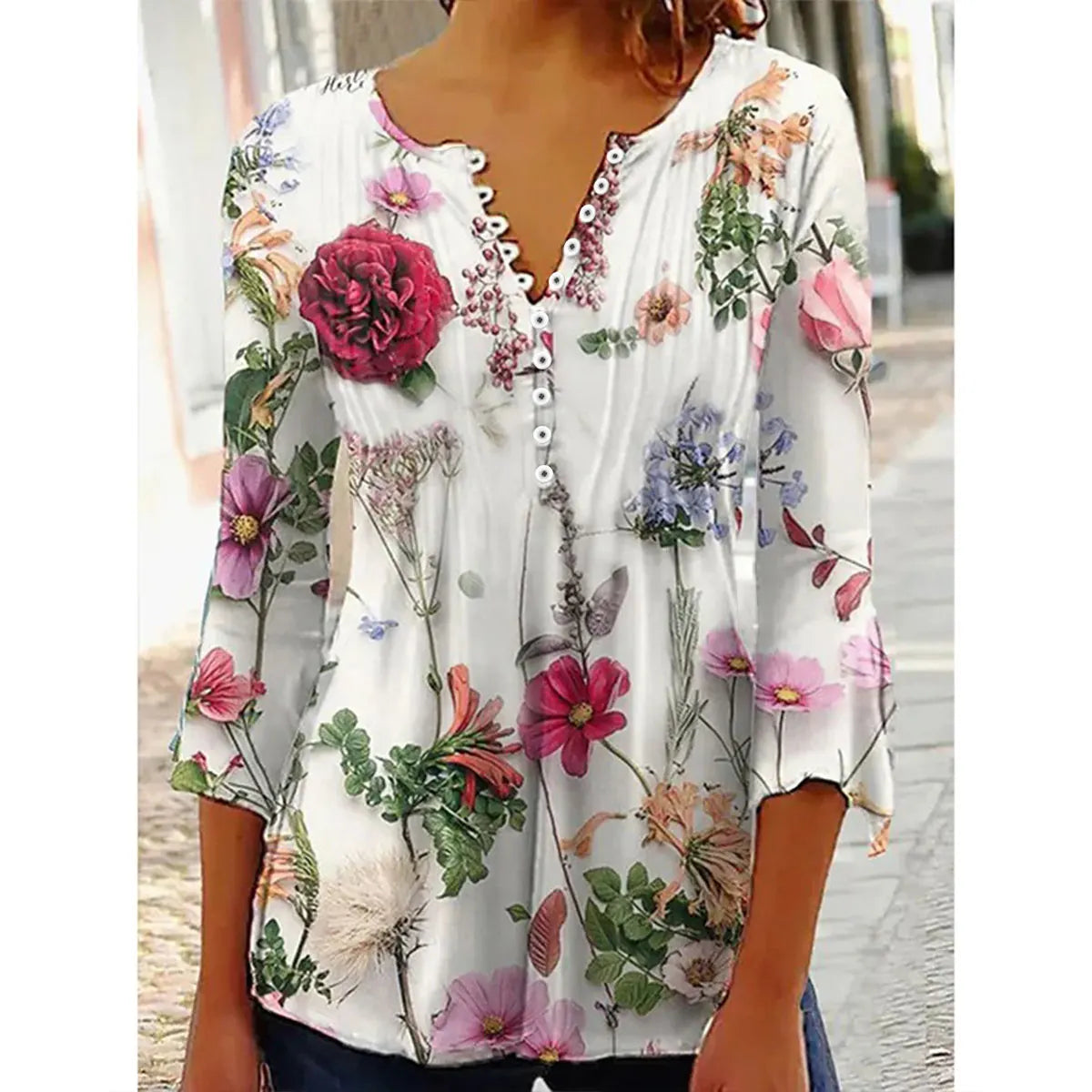 New Fashion Women's T-Shirt Tee White Floral Button Short Sleeve Summer 3D Printed Basic V-Neck Loose Casua Size Top Clothing