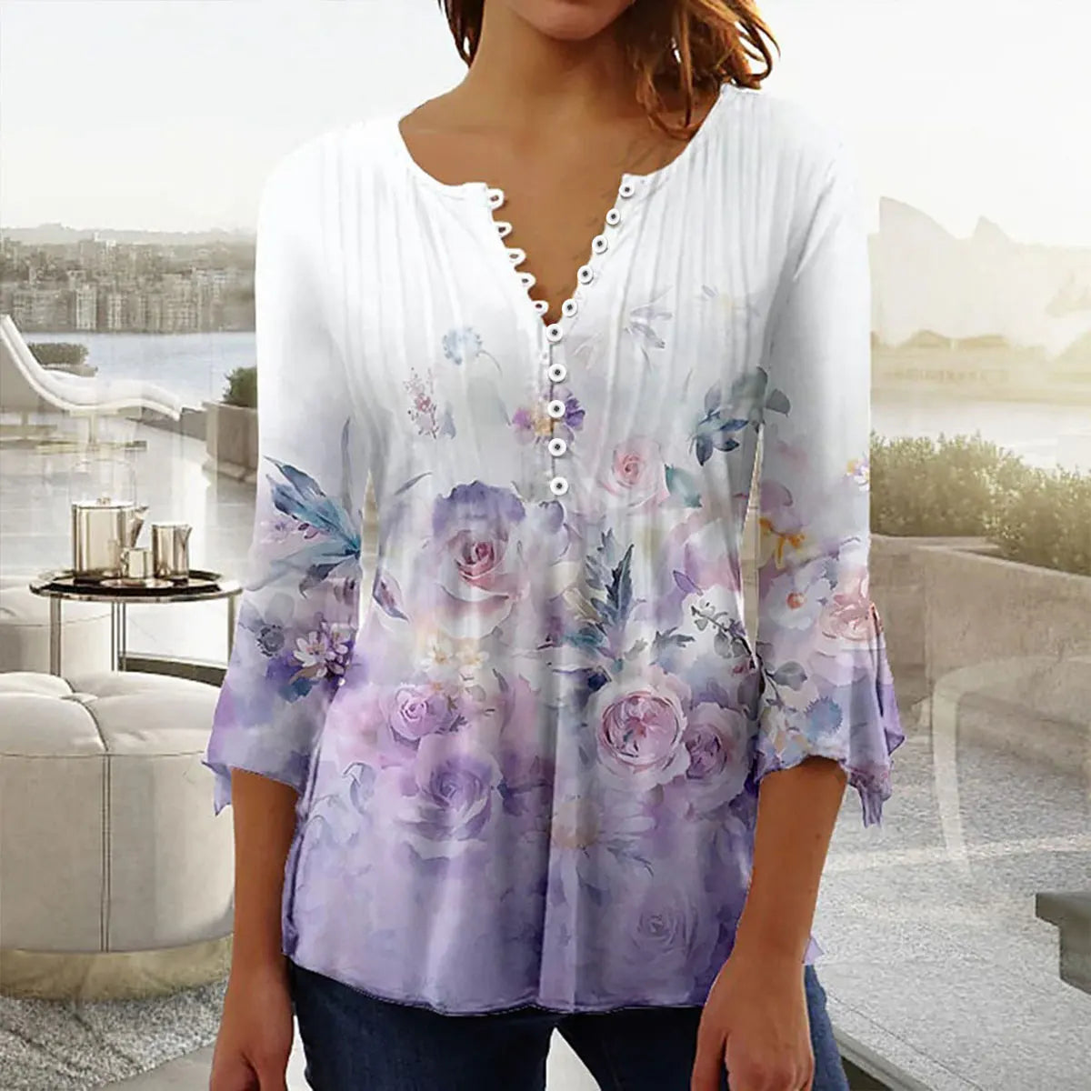 New Fashion Women's T-Shirt Tee White Floral Button Short Sleeve Summer 3D Printed Basic V-Neck Loose Casua Size Top Clothing