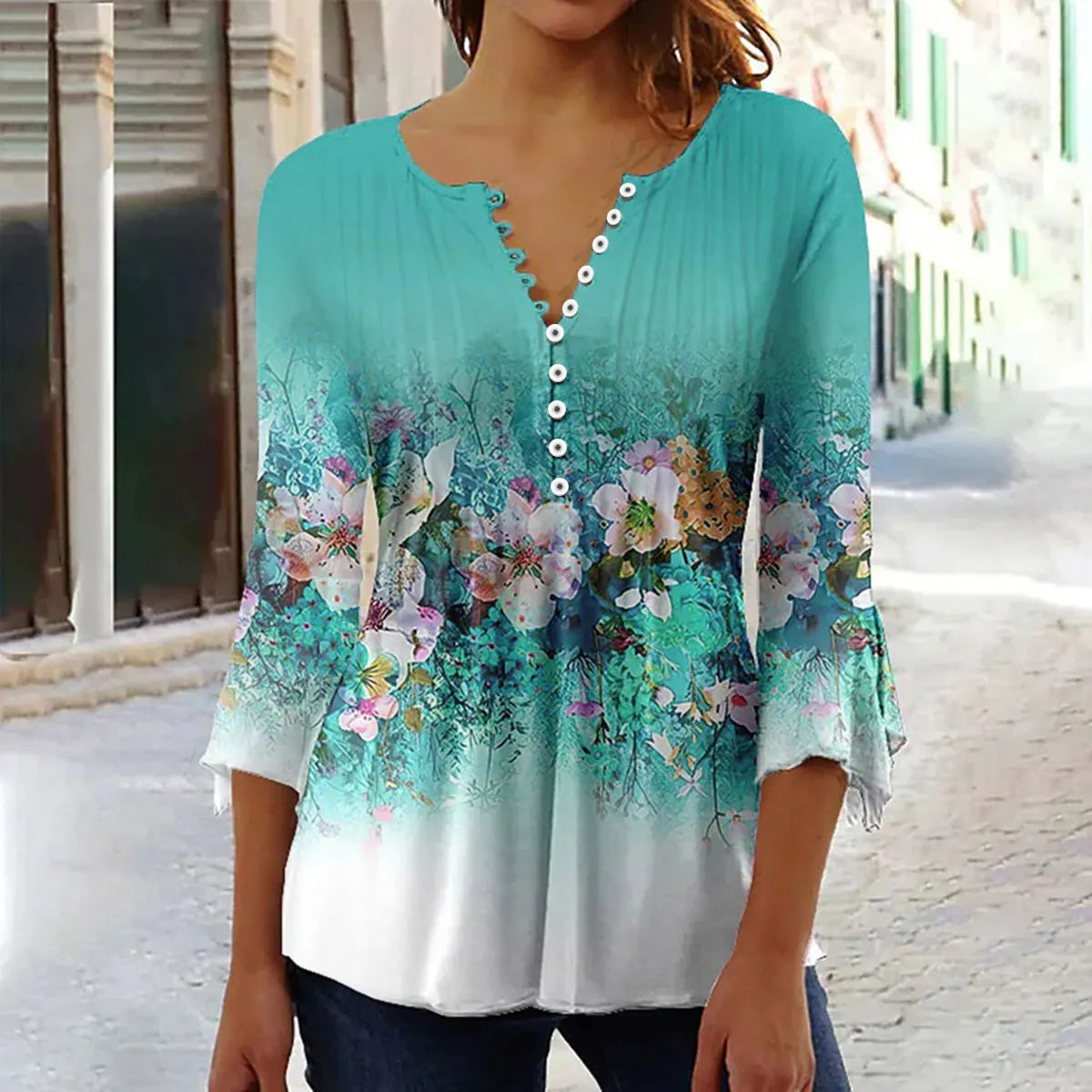 New Fashion Women's T-Shirt Tee White Floral Button Short Sleeve Summer 3D Printed Basic V-Neck Loose Casua Size Top Clothing
