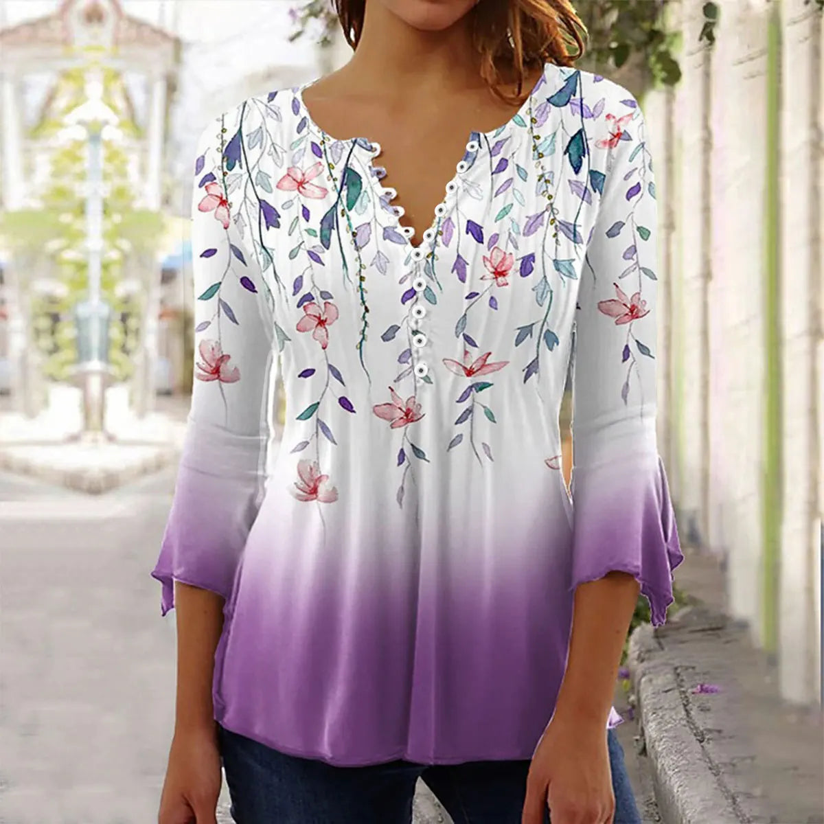 New Fashion Women's T-Shirt Tee White Floral Button Short Sleeve Summer 3D Printed Basic V-Neck Loose Casua Size Top Clothing