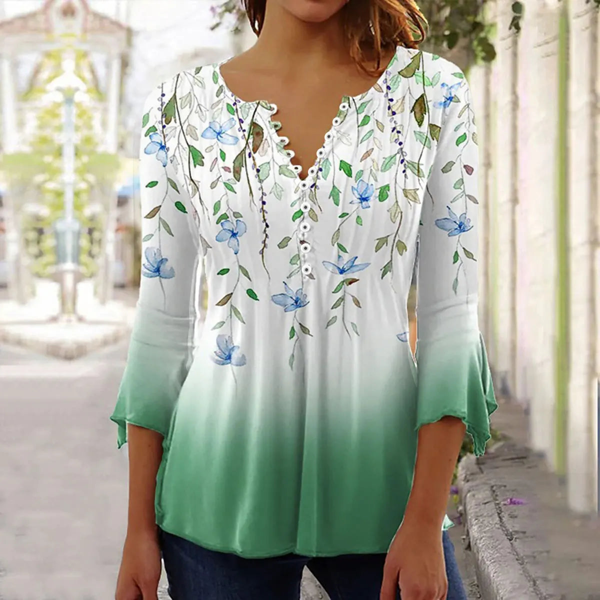 New Fashion Women's T-Shirt Tee White Floral Button Short Sleeve Summer 3D Printed Basic V-Neck Loose Casua Size Top Clothing