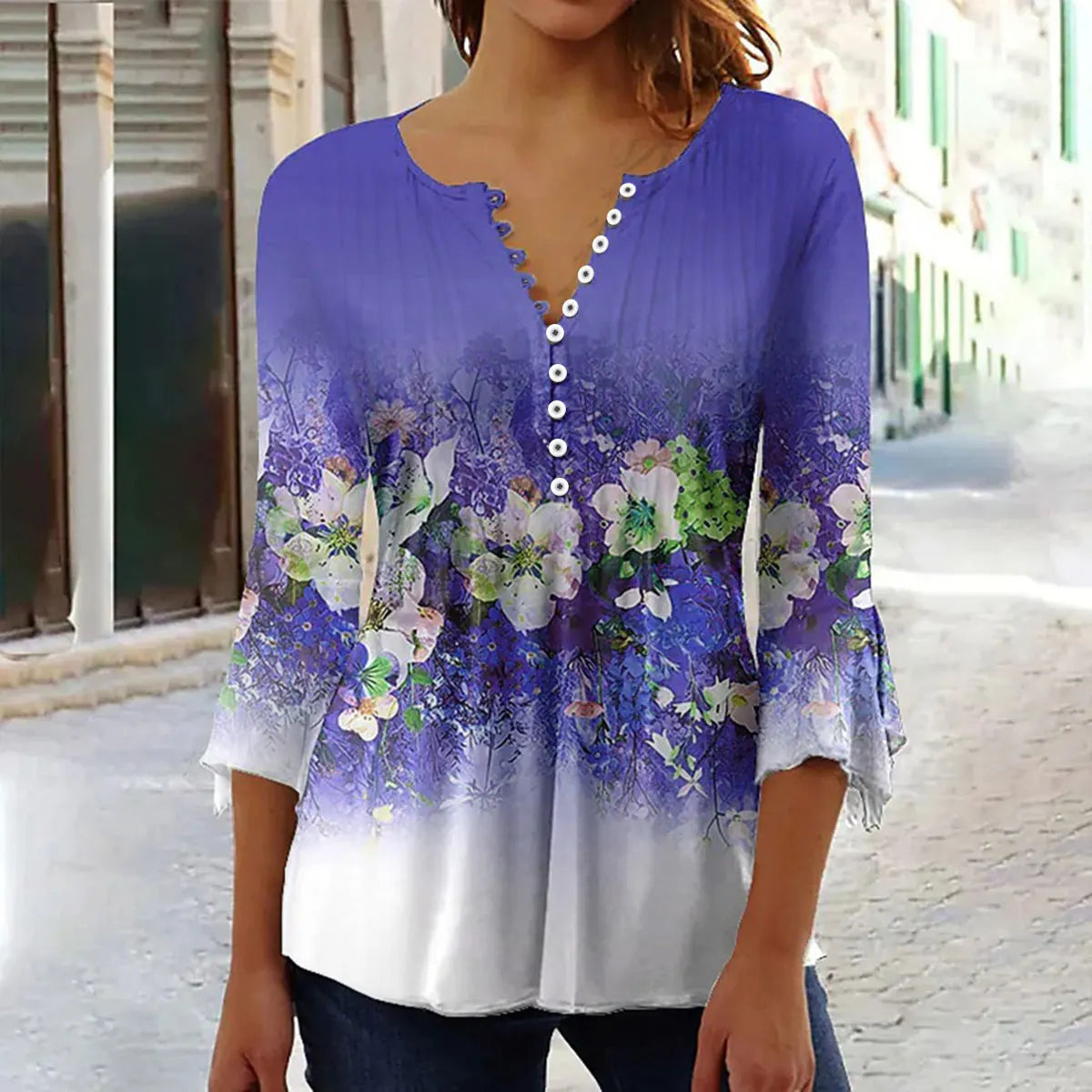 New Fashion Women's T-Shirt Tee White Floral Button Short Sleeve Summer 3D Printed Basic V-Neck Loose Casua Size Top Clothing