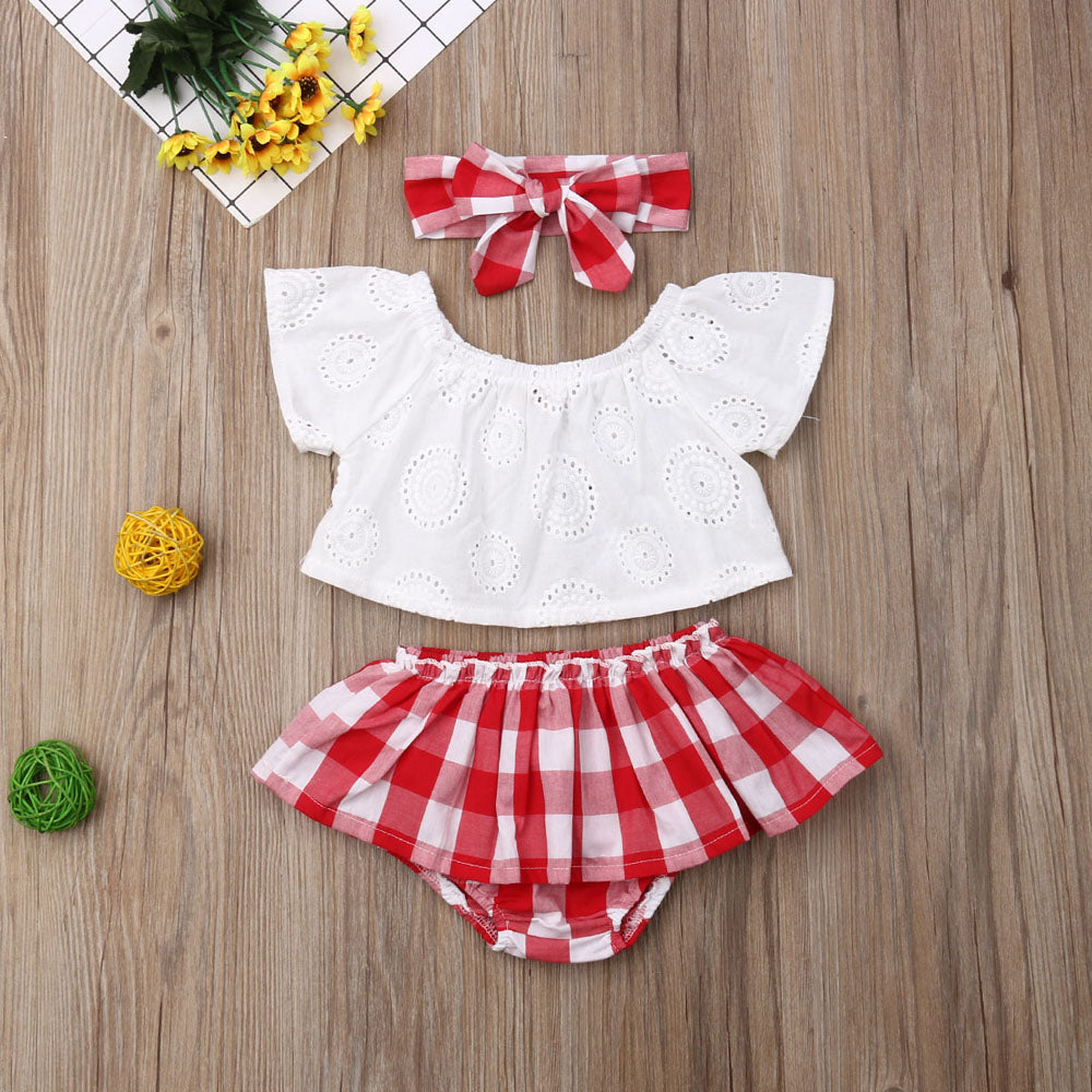 Lioraitiin 3Pcs Set 0-24M Newborn Baby Girl Clothes Cute Summer Off Shoulder Lace Tops+ Red Plaid Short Dress Headband Outfit