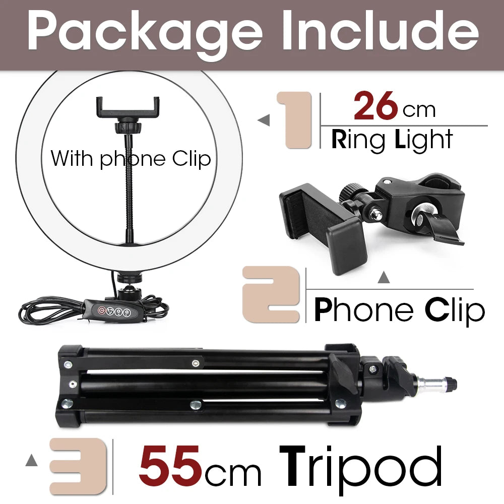 LED Photography Light Selfie Ring Light Lamp With Tripod For Phone Holder Stand Photo Lamp Ringlight For Live Video Streaming