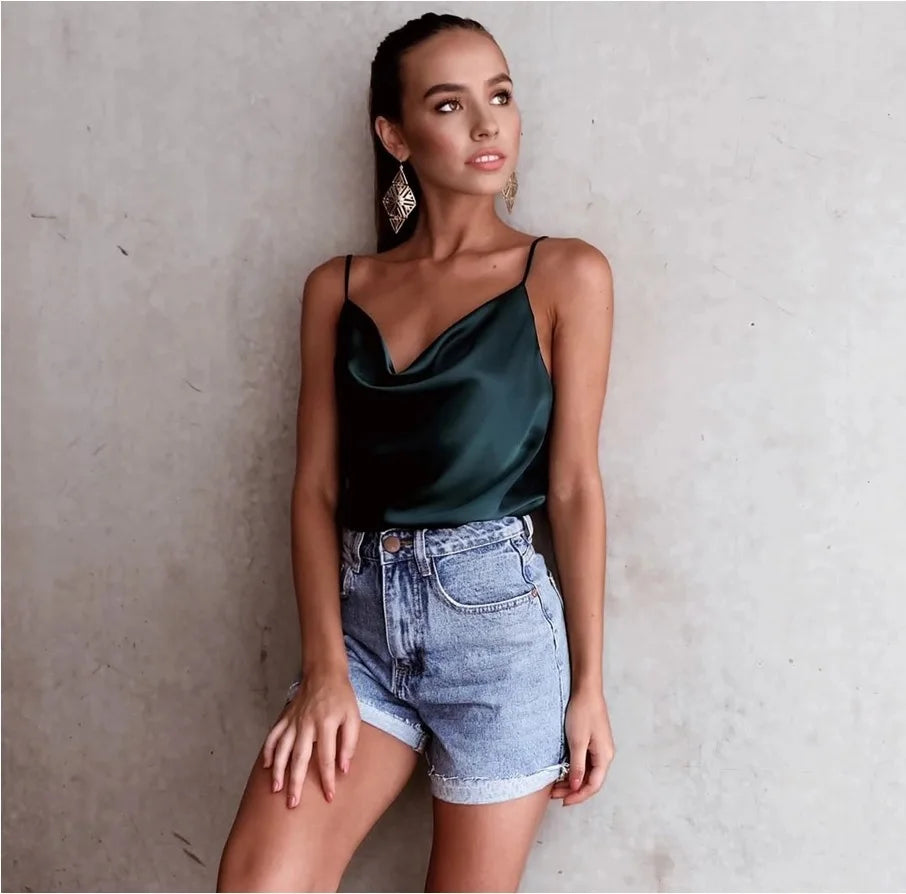 White Basic Women Silk-Like Satin Tops Vest Summer Sexy Camis Tank For Ladies Strappy Camisole Top Shirts Grunge Femme Clothes