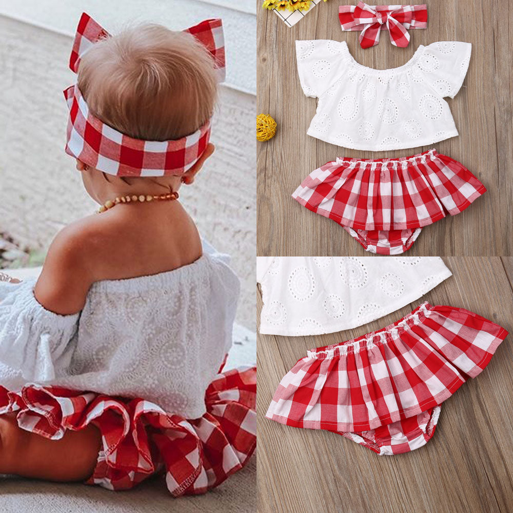 Lioraitiin 3Pcs Set 0-24M Newborn Baby Girl Clothes Cute Summer Off Shoulder Lace Tops+ Red Plaid Short Dress Headband Outfit