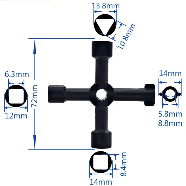 Llave universal de 4 vías para válvula de cabina de ascensor eléctrico de tren, triángulo de aleación