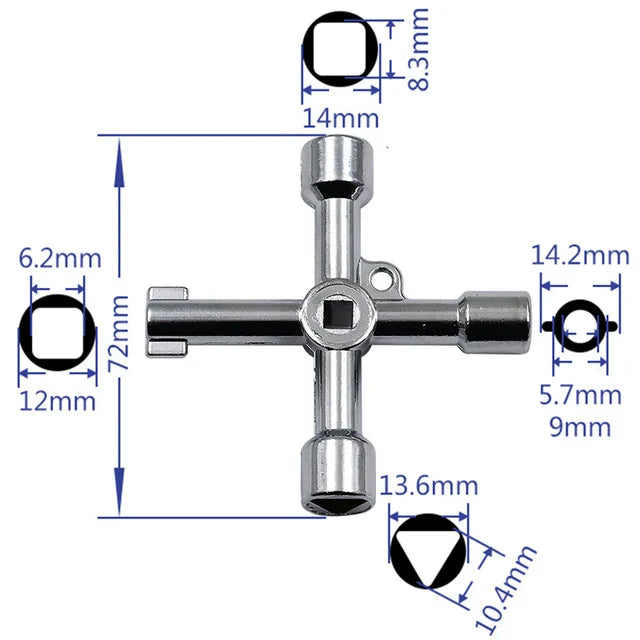 Llave universal de 4 vías para válvula de cabina de ascensor eléctrico de tren, triángulo de aleación