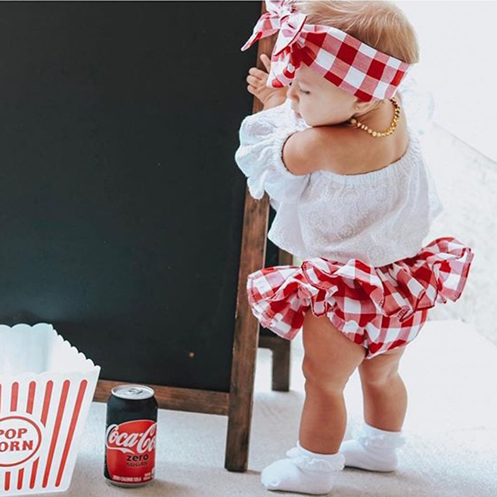 Lioraitiin 3Pcs Set 0-24M Newborn Baby Girl Clothes Cute Summer Off Shoulder Lace Tops+ Red Plaid Short Dress Headband Outfit