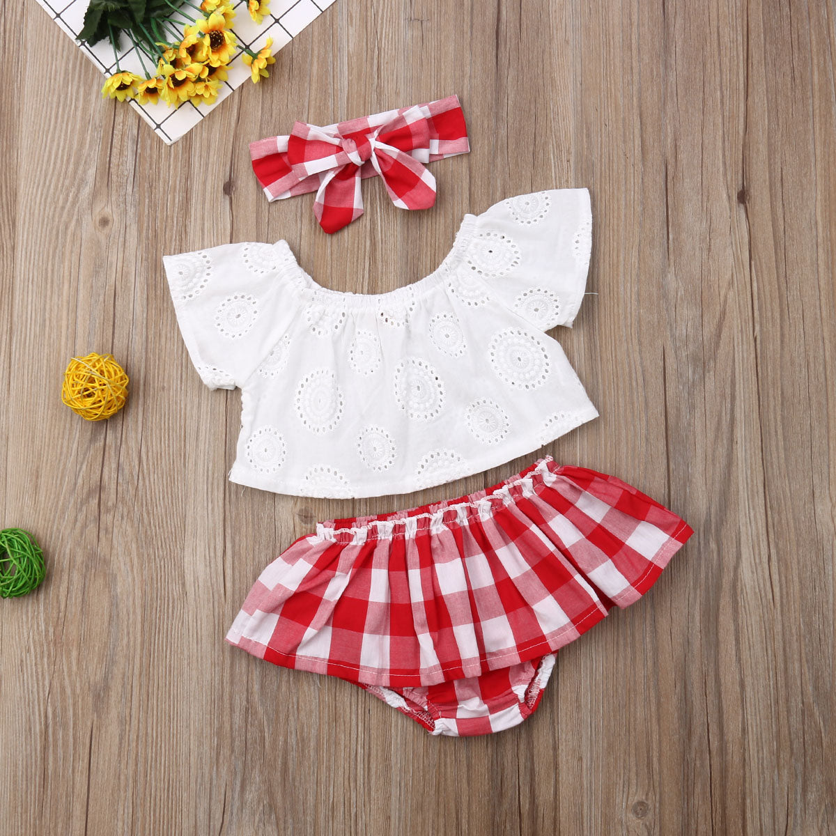 Lioraitiin 3Pcs Set 0-24M Newborn Baby Girl Clothes Cute Summer Off Shoulder Lace Tops+ Red Plaid Short Dress Headband Outfit