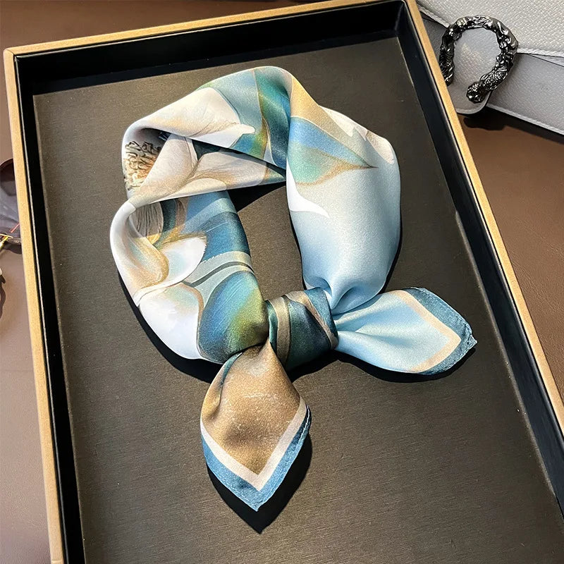 Hot Sale 2025 Brand 100% Silk Scarf Women Neck Hair Foulard Square Headband Hijab Print Poncho Scarves Bandana Fashion 53cm