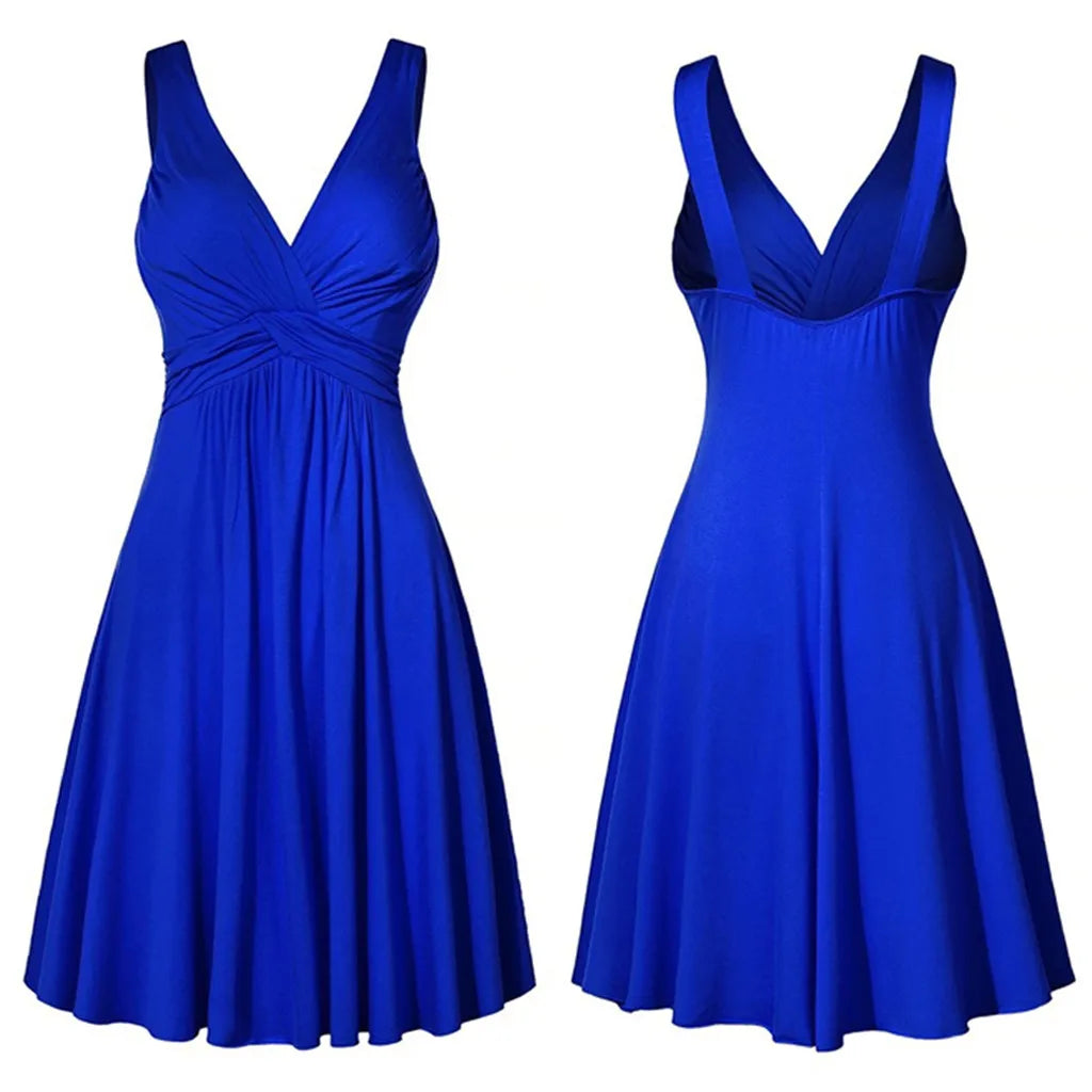 Plus Size Sling Pleated Slim Flare Skirt Dresses Women V-neck Cocktail Party Dress Gown Retro Vestidos de fiesta Female Sundress
