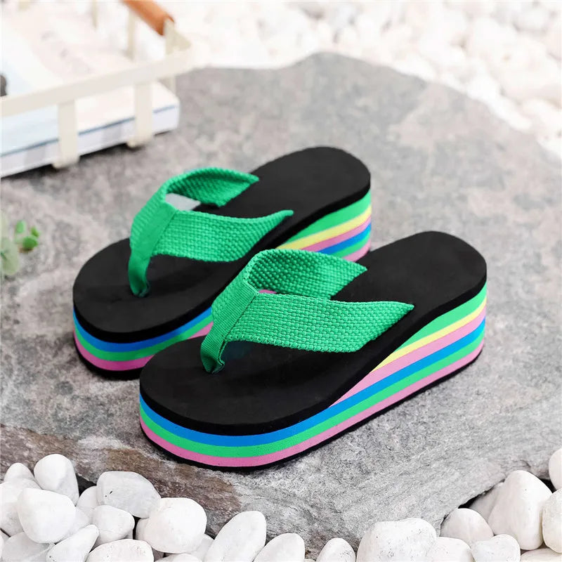 Women's Rainbow Color Platform Flip Flops Summer Thick Sole Lightweight Slip-on Wedges Sandals Girls Beach Slippers