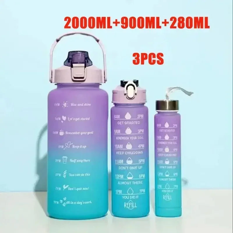 3PCS Sports Water Bottle for Running Drinking Bottle 2L Motivational with Time Marker Stickers Portable Reusable Plastic Cups
