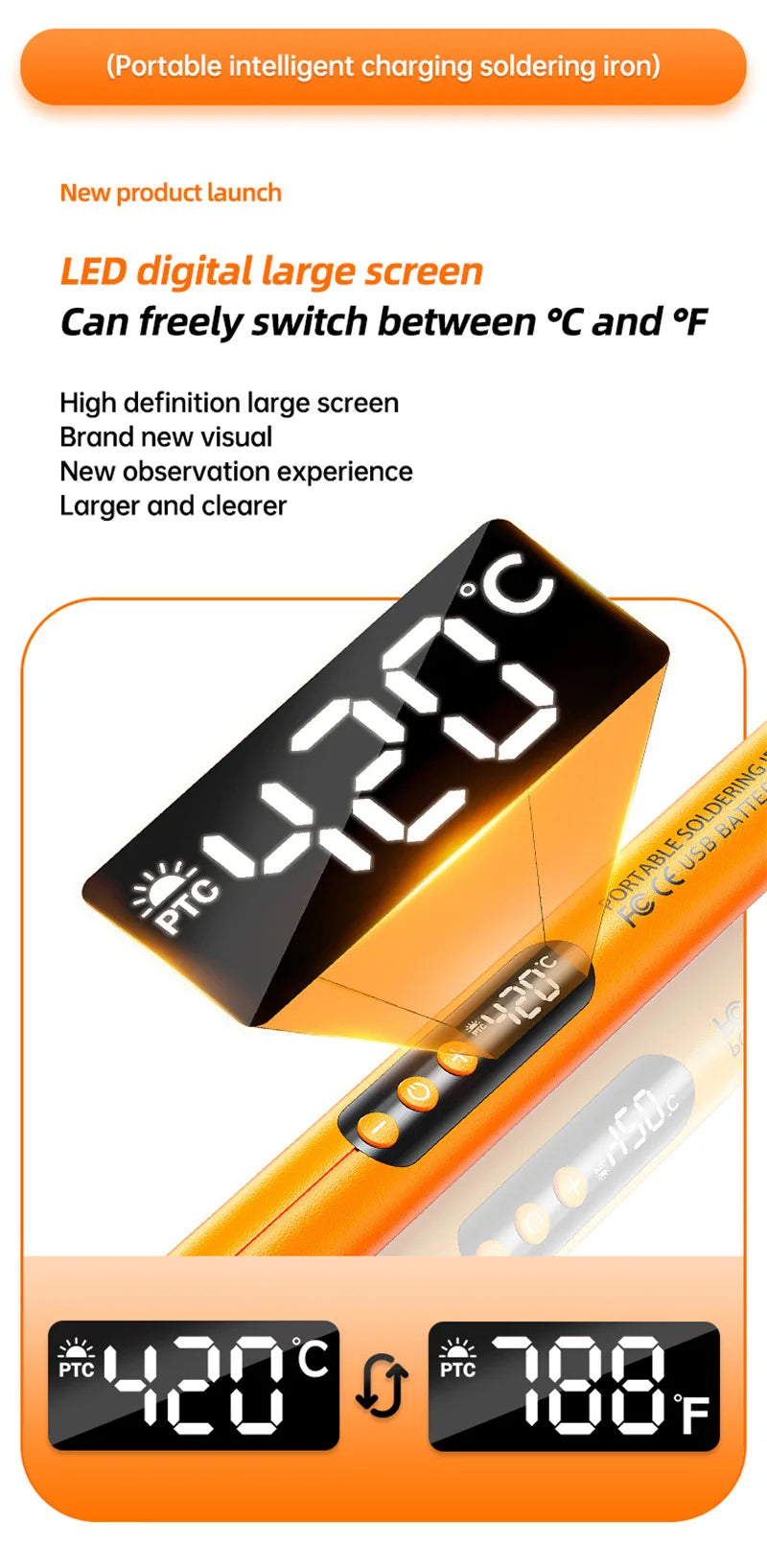 Saldatore USB con regolazione intelligente della temperatura, set di saldatore senza fili con luce di lavoro a LED