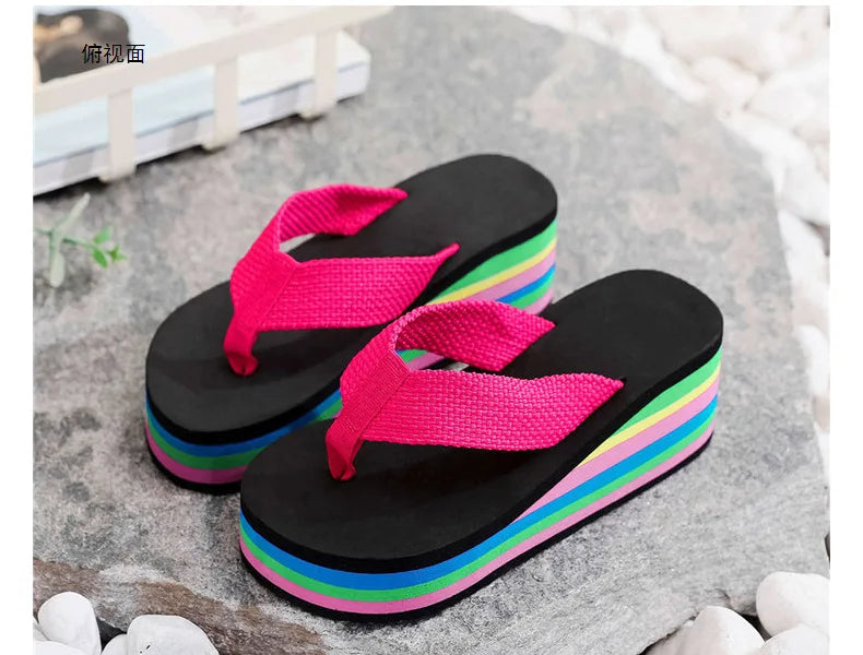 Women's Rainbow Color Platform Flip Flops Summer Thick Sole Lightweight Slip-on Wedges Sandals Girls Beach Slippers