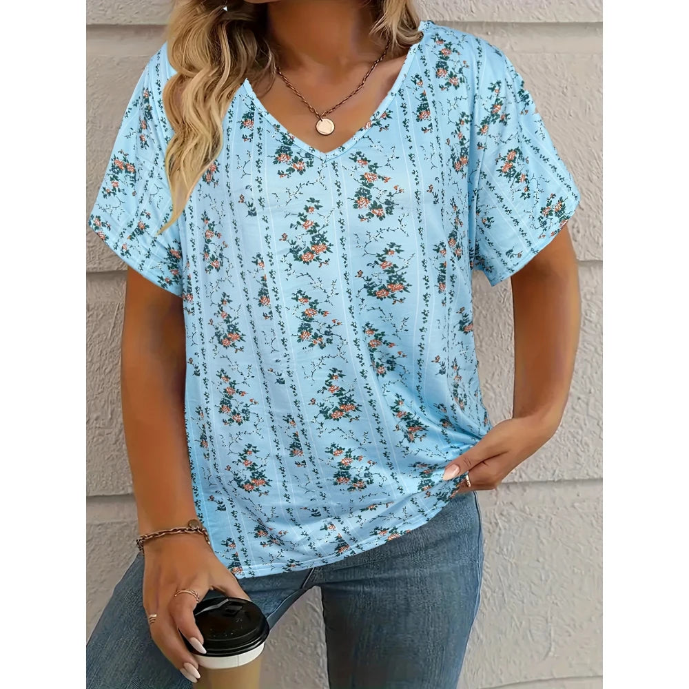 Women's T-Shirt Retro Floralelegant V-Neck Short Sleeve Summer Casual Top Loose Casual Ladies T-Shirt Fashion T-Shirt Clothes