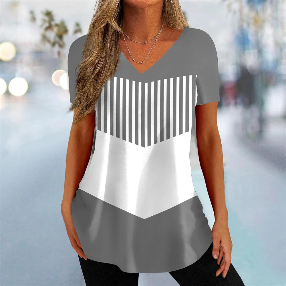 Vintage Simple Women's T-Shirt 3D Wave Curve Tee Fashion V-Neck Summer Short Sleeve Loose Streetwear Female Clothes Black Tshirt