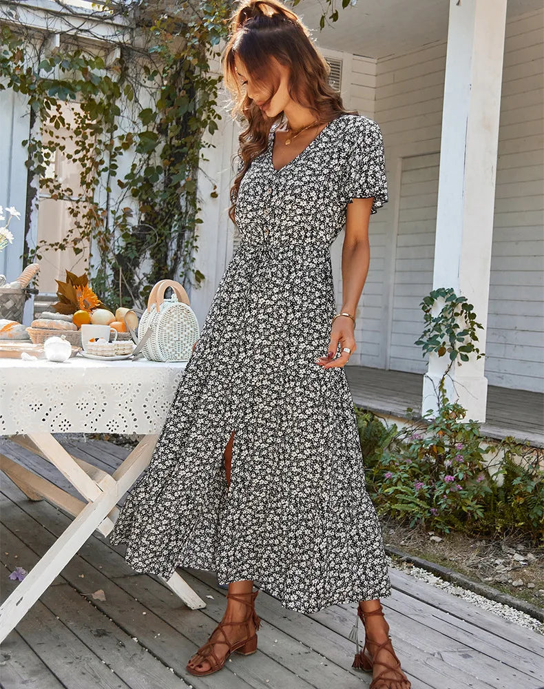 Summer hot-selling daily commuting floral dress fashionable slit skirt casual fashion loose V-neck short-sleeved skirt