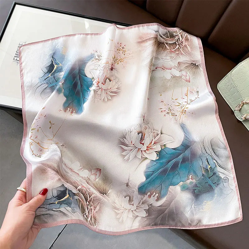 Hot Sale 2025 Brand 100% Silk Scarf Women Neck Hair Foulard Square Headband Hijab Print Poncho Scarves Bandana Fashion 53cm