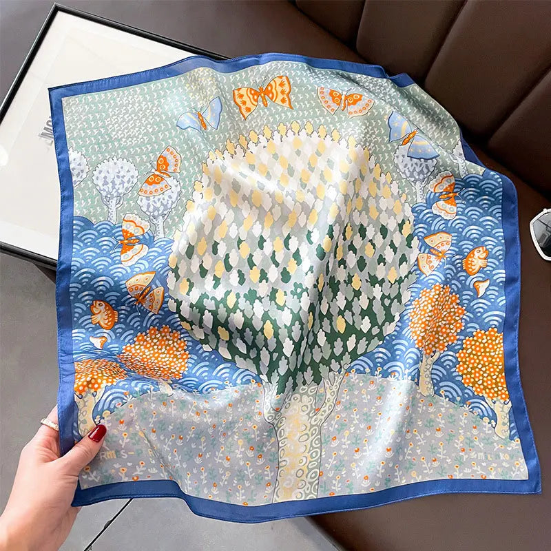 Hot Sale 2025 Brand 100% Silk Scarf Women Neck Hair Foulard Square Headband Hijab Print Poncho Scarves Bandana Fashion 53cm
