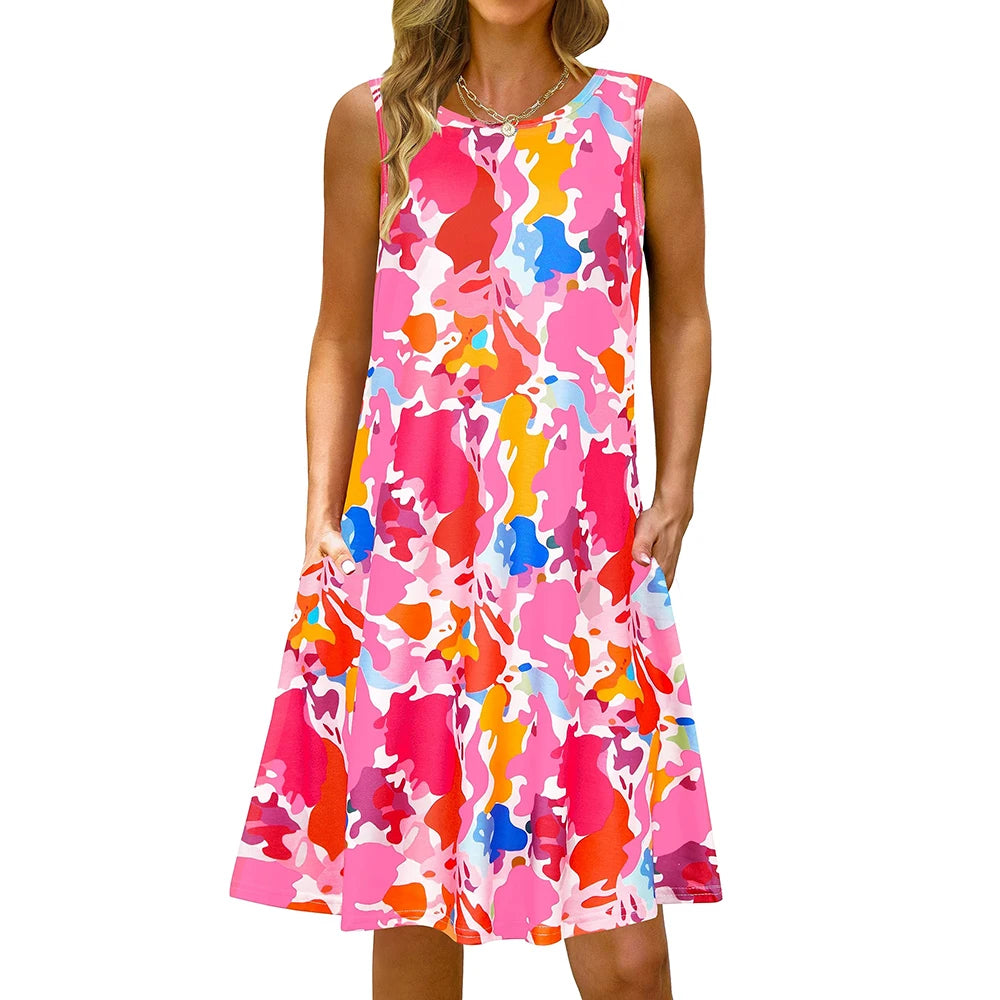 S-5Xl Colorful Printed O Neck Long Dress Casual Bohemian Sleeveless Ladies Summer Beach Sundress Travel Pocket Shirt Party Gowns