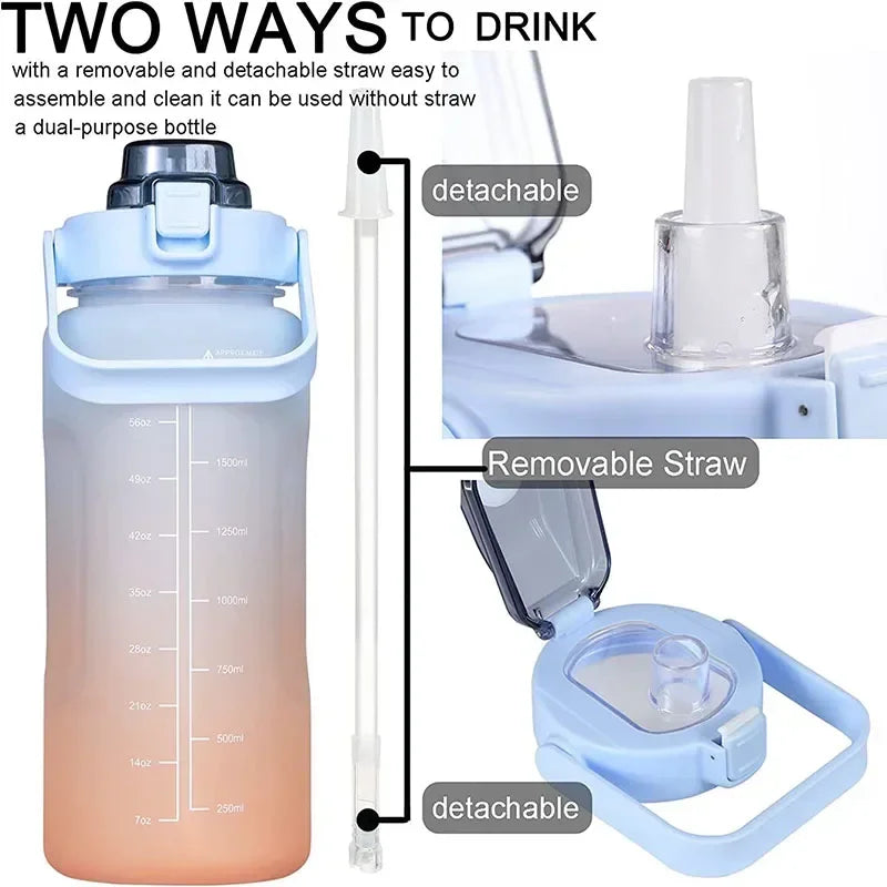 3PCS Sports Water Bottle for Running Drinking Bottle 2L Motivational with Time Marker Stickers Portable Reusable Plastic Cups