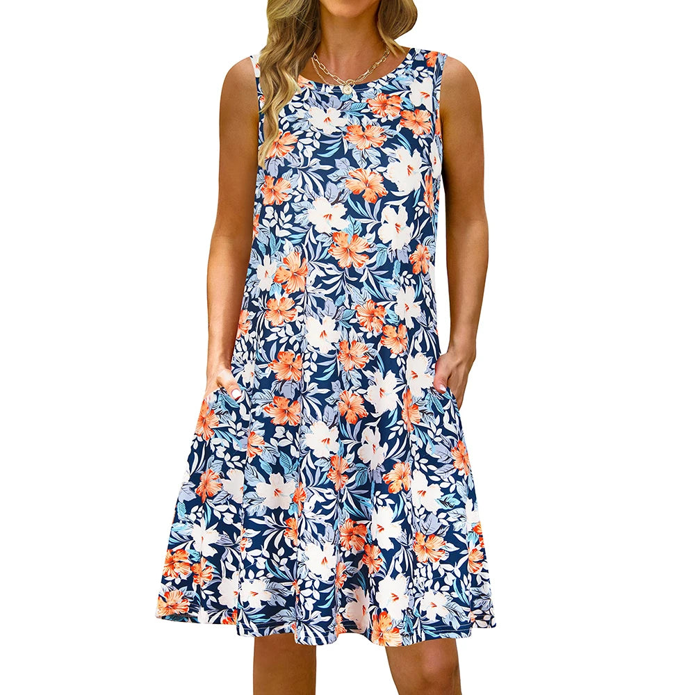 S-5Xl Colorful Printed O Neck Long Dress Casual Bohemian Sleeveless Ladies Summer Beach Sundress Travel Pocket Shirt Party Gowns