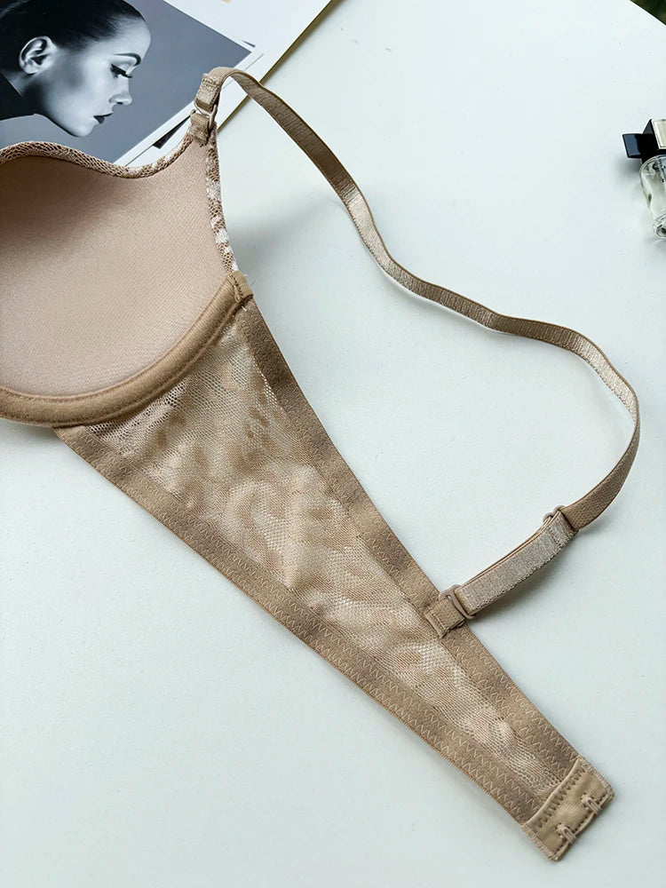 Women Invisible Deep U Lingerie Set Sexy Underwear Low Cut Push Up Open back Bra Intimates Female Bra Set Large size 90CD 95CD