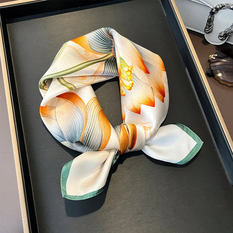 Hot Sale 2025 Brand 100% Silk Scarf Women Neck Hair Foulard Square Headband Hijab Print Poncho Scarves Bandana Fashion 53cm