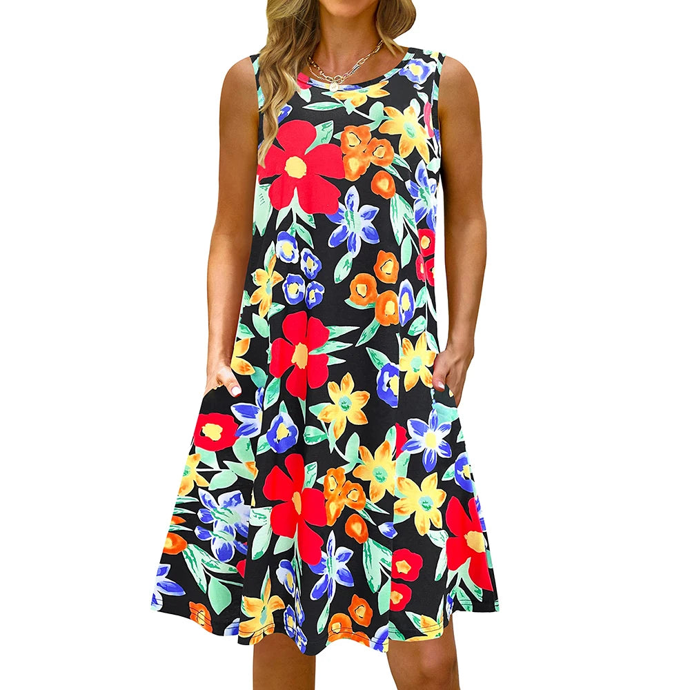 S-5Xl Colorful Printed O Neck Long Dress Casual Bohemian Sleeveless Ladies Summer Beach Sundress Travel Pocket Shirt Party Gowns