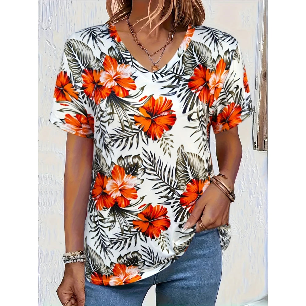Women's T-Shirt Retro Floralelegant V-Neck Short Sleeve Summer Casual Top Loose Casual Ladies T-Shirt Fashion T-Shirt Clothes