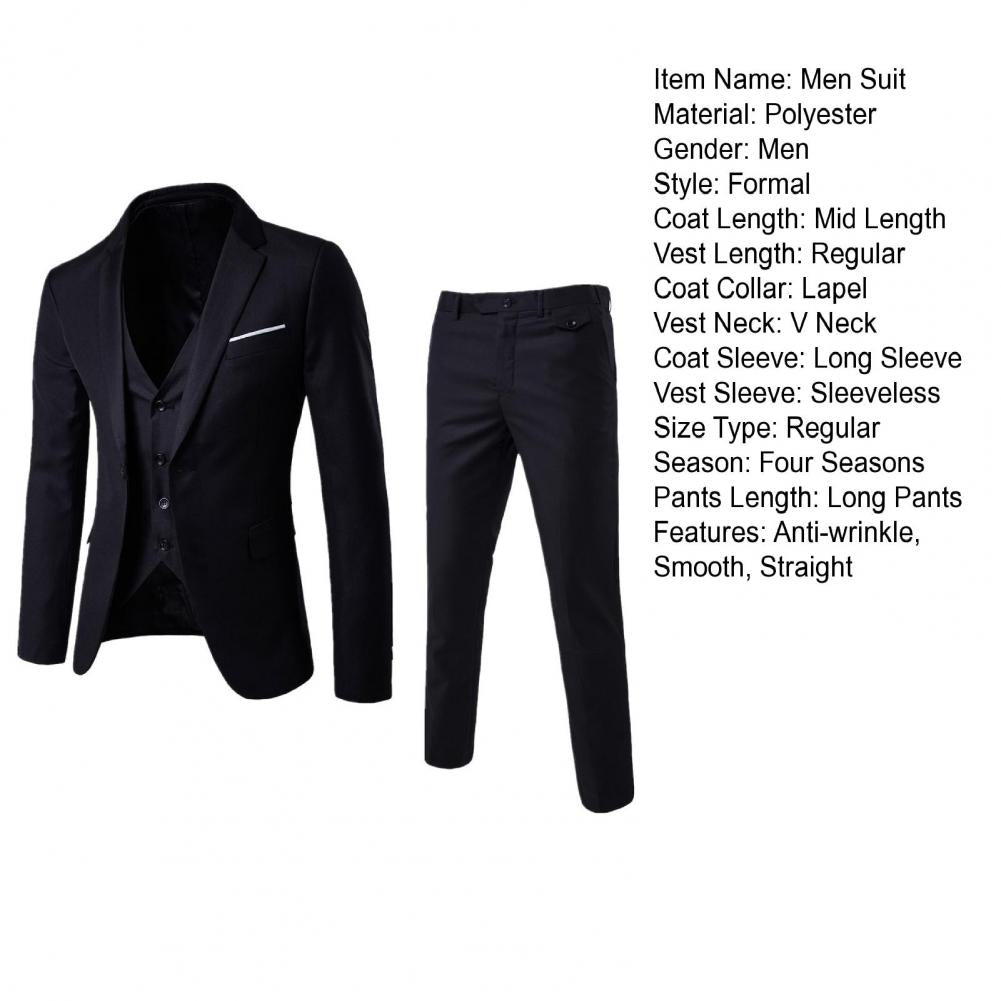Men Three-piece Suit Men's Formal Business Style Slim Fit Wedding Suit Set with Silky Smooth Anti-wrinkle Fabric Turn-down