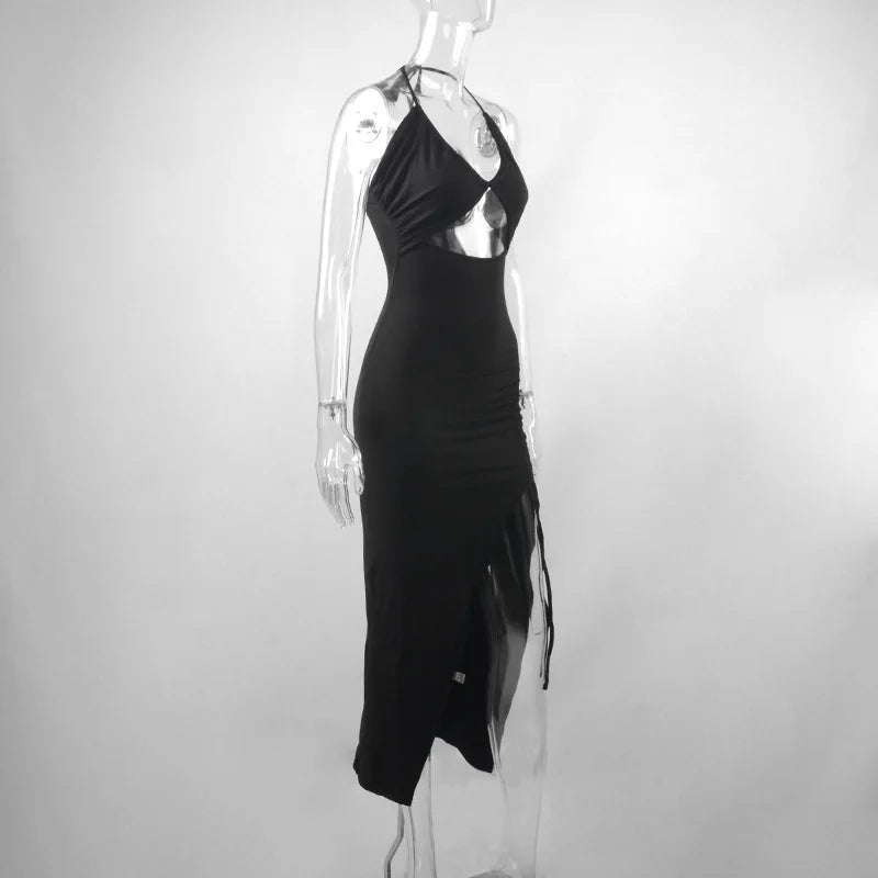 Summer Black Sexy Dress For Women Sleeveless Backless Hollow Out Party Dress Fashion Lace-up Halter Bodycon Elegant Split Dress