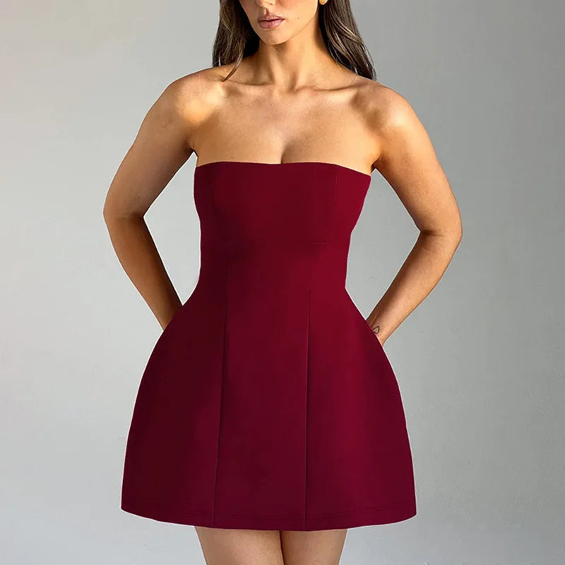 Sleeveless Sexy Tube Top Mini Dresses Solid Patchwork High Waist Summer Fashion Female Bodycon Plunge Vacation Strapless Dress