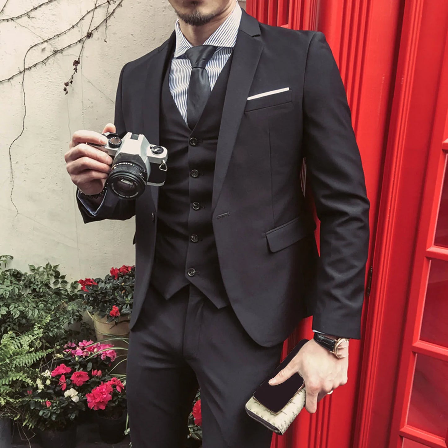Men Three-piece Suit Men's Formal Business Style Slim Fit Wedding Suit Set with Silky Smooth Anti-wrinkle Fabric Turn-down