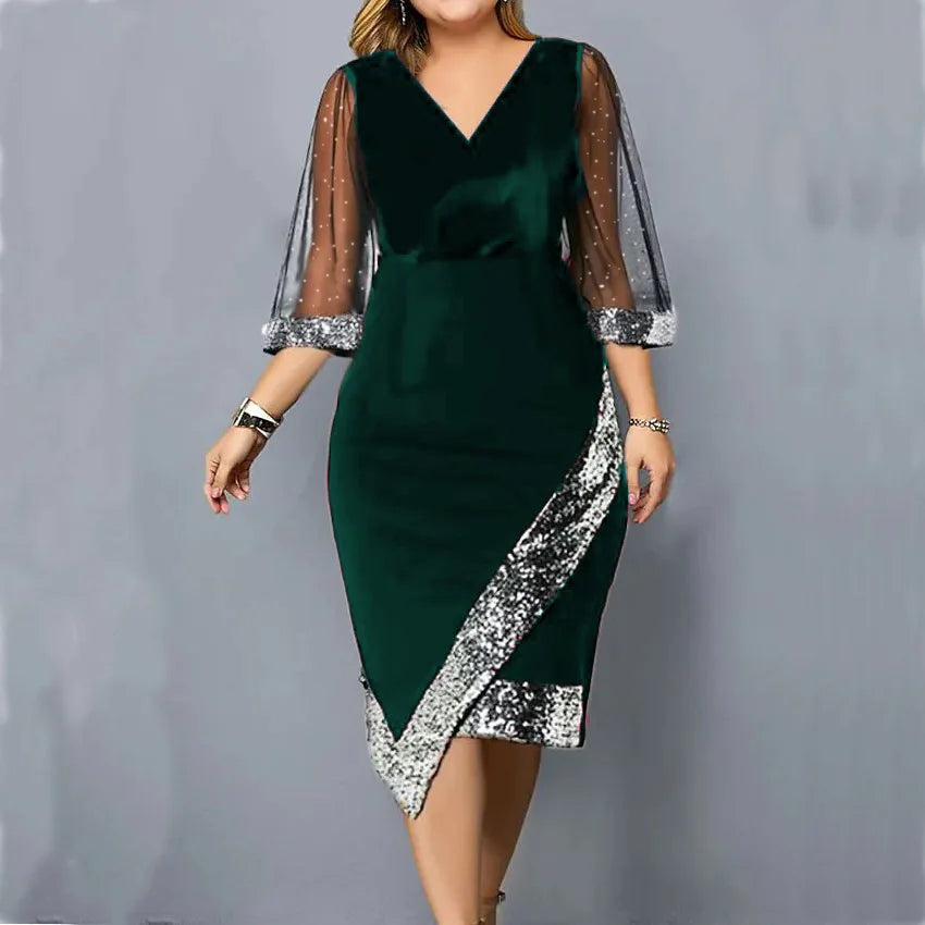 Spring Summer Women's Clothing New Fashion Gold Velvet Irregular Sequin See Through Mesh Women's Five Quarter Sleeve Dress