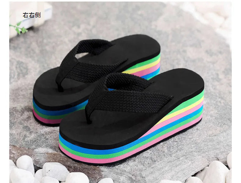 Women's Rainbow Color Platform Flip Flops Summer Thick Sole Lightweight Slip-on Wedges Sandals Girls Beach Slippers