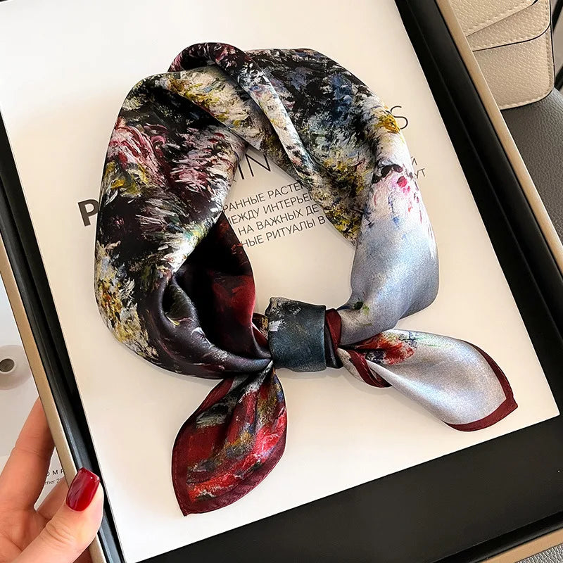 Hot Sale 2025 Brand 100% Silk Scarf Women Neck Hair Foulard Square Headband Hijab Print Poncho Scarves Bandana Fashion 53cm