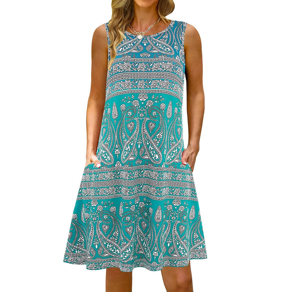 S-5Xl Colorful Printed O Neck Long Dress Casual Bohemian Sleeveless Ladies Summer Beach Sundress Travel Pocket Shirt Party Gowns