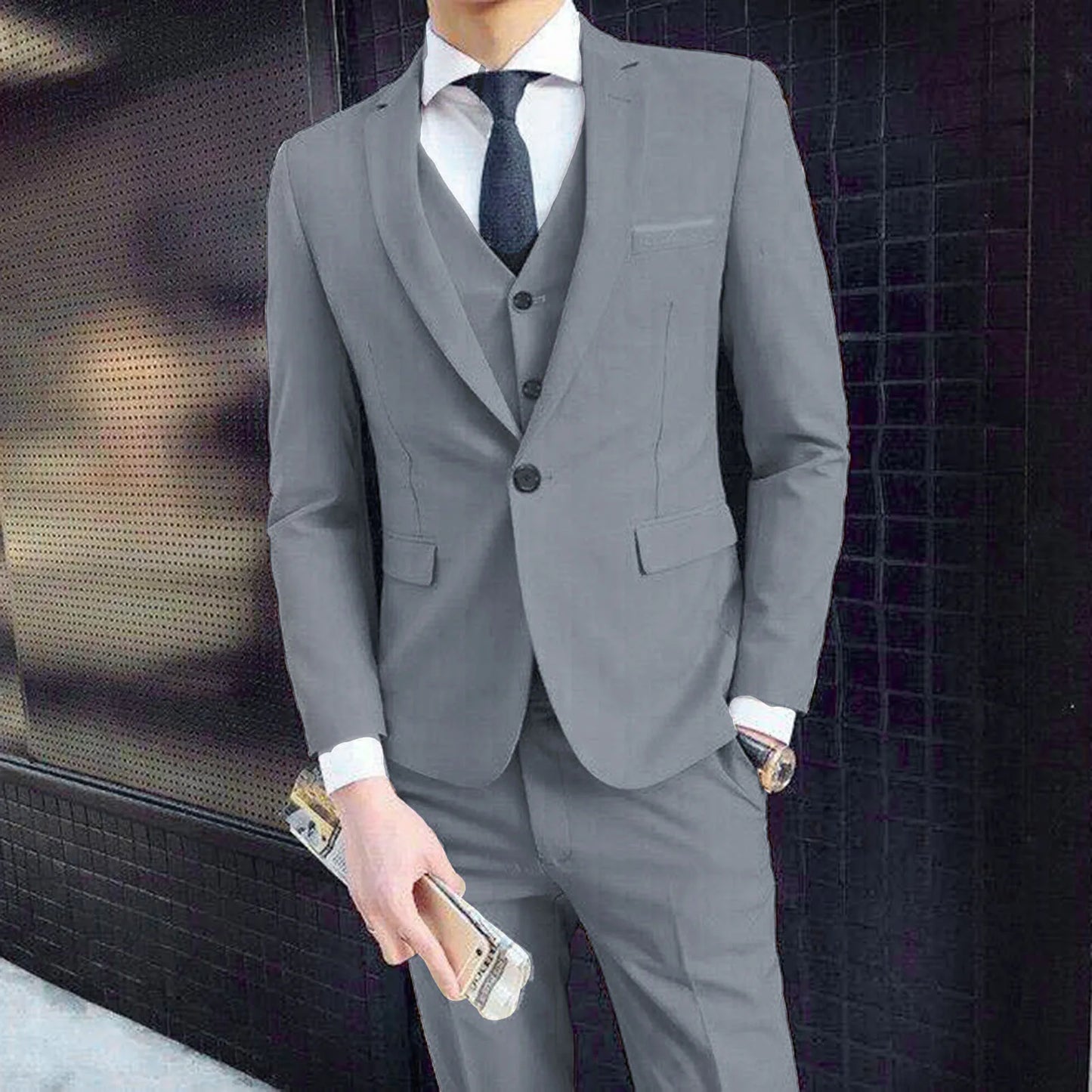 Men Three-piece Suit Men's Formal Business Style Slim Fit Wedding Suit Set with Silky Smooth Anti-wrinkle Fabric Turn-down