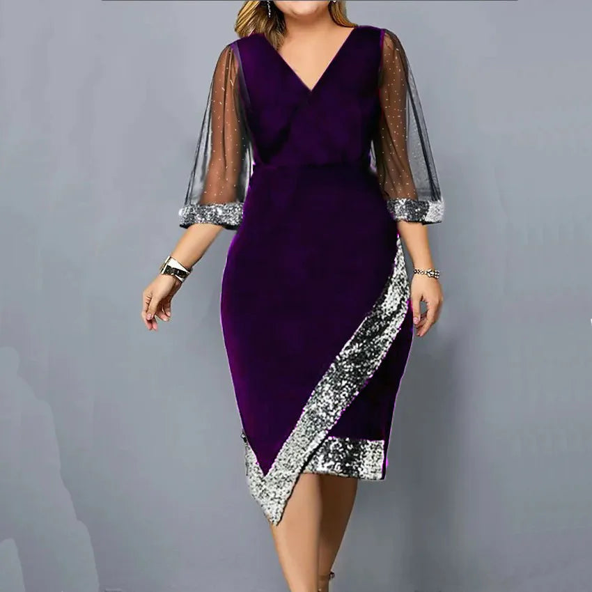 Spring Summer Women's Clothing New Fashion Gold Velvet Irregular Sequin See Through Mesh Women's Five Quarter Sleeve Dress
